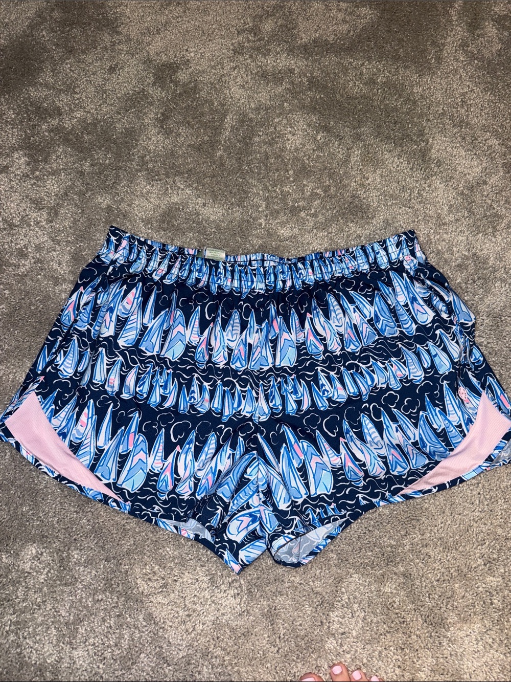 Lilly Pulitzer Navy Sailboat Print Athletic Shorts with Pink Accents